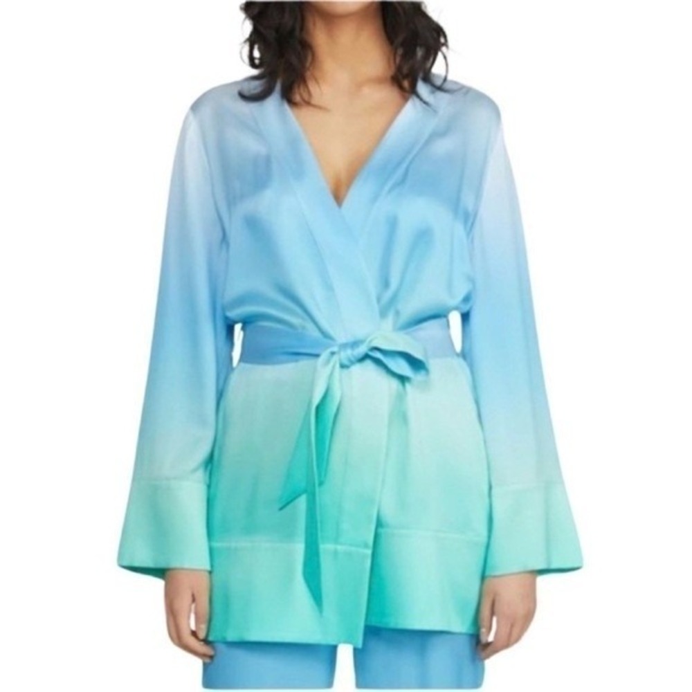 NWT Badgley Mischka Women Mulberry Silk Aqua  Ombre Robe Pull  Tie